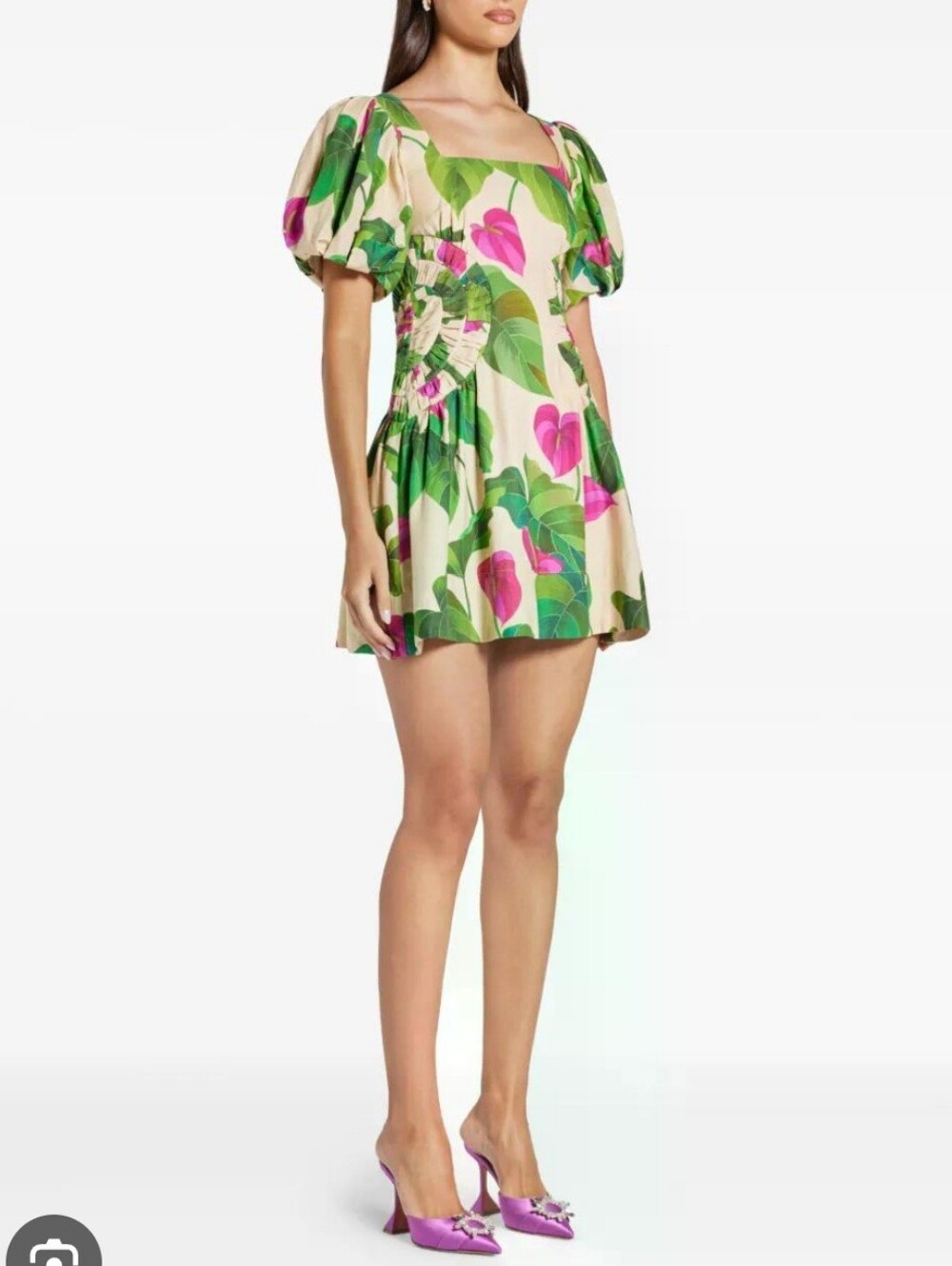 FARMRIO Square-Neck Floral Puff-Sleeve Mini Dress in Pink & Green